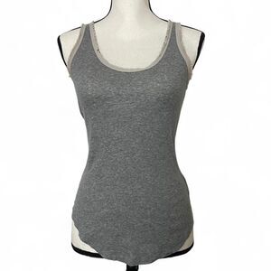 Neiman Marcus Cotton Cashmere Grey Ruffle Edge Scoop Neck Stretch Tank Large